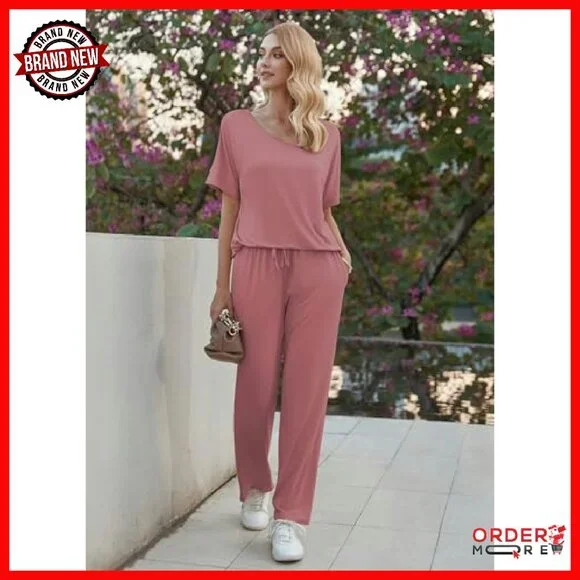 Soft 2-Piece Lounge Set Short Sleeve Top Long Pants S-XXL